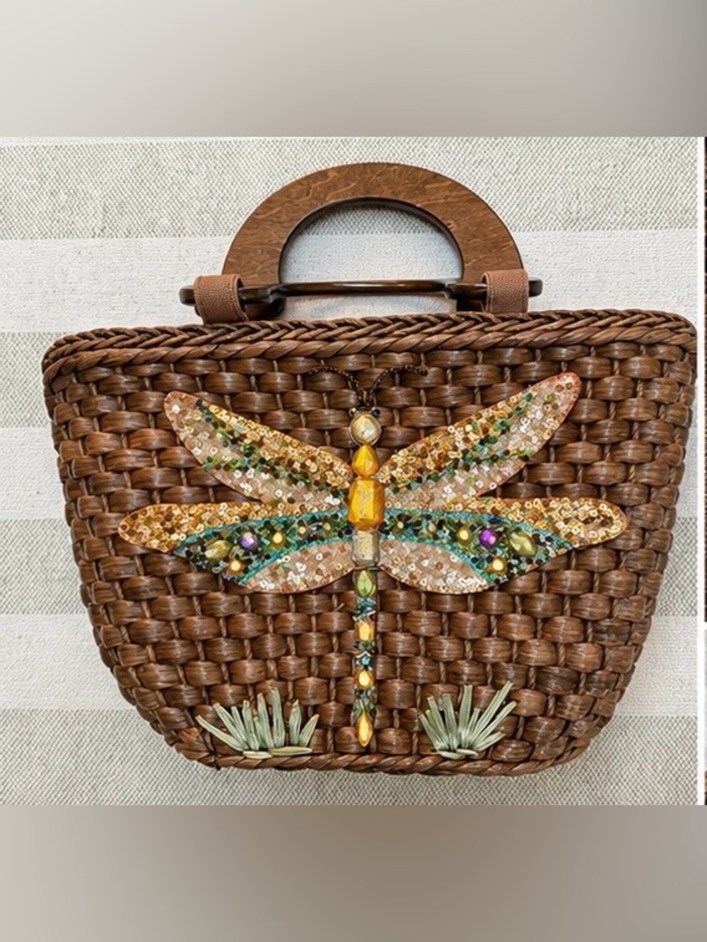 Vintage Cappelli Straworld Beaded Dragonfly Woven Straw Purse Y2K Boho